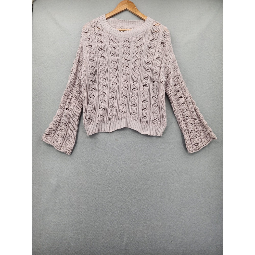 American Eagle Purple Pointelle Knit Sweater Small Boho Bell Sleeve Crochet Top